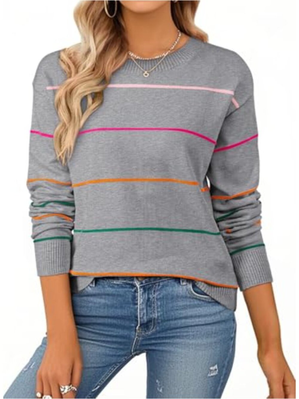 Women's Crew Neck Striped Knit Pullover Sweater Long Sleeve Viscose Blend
